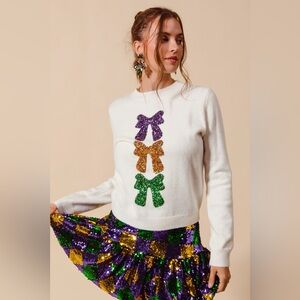 SOLD OUT!! Mardi Gras Sequins Bow Ribbon Embellished Sweater